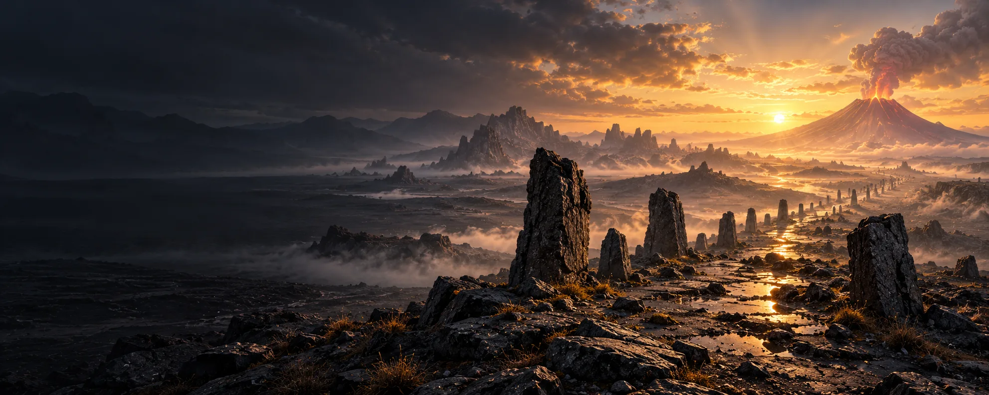 Concept illustration: Weathered standing stones cross dark ash plains toward a smouldering volcano at sunrise.