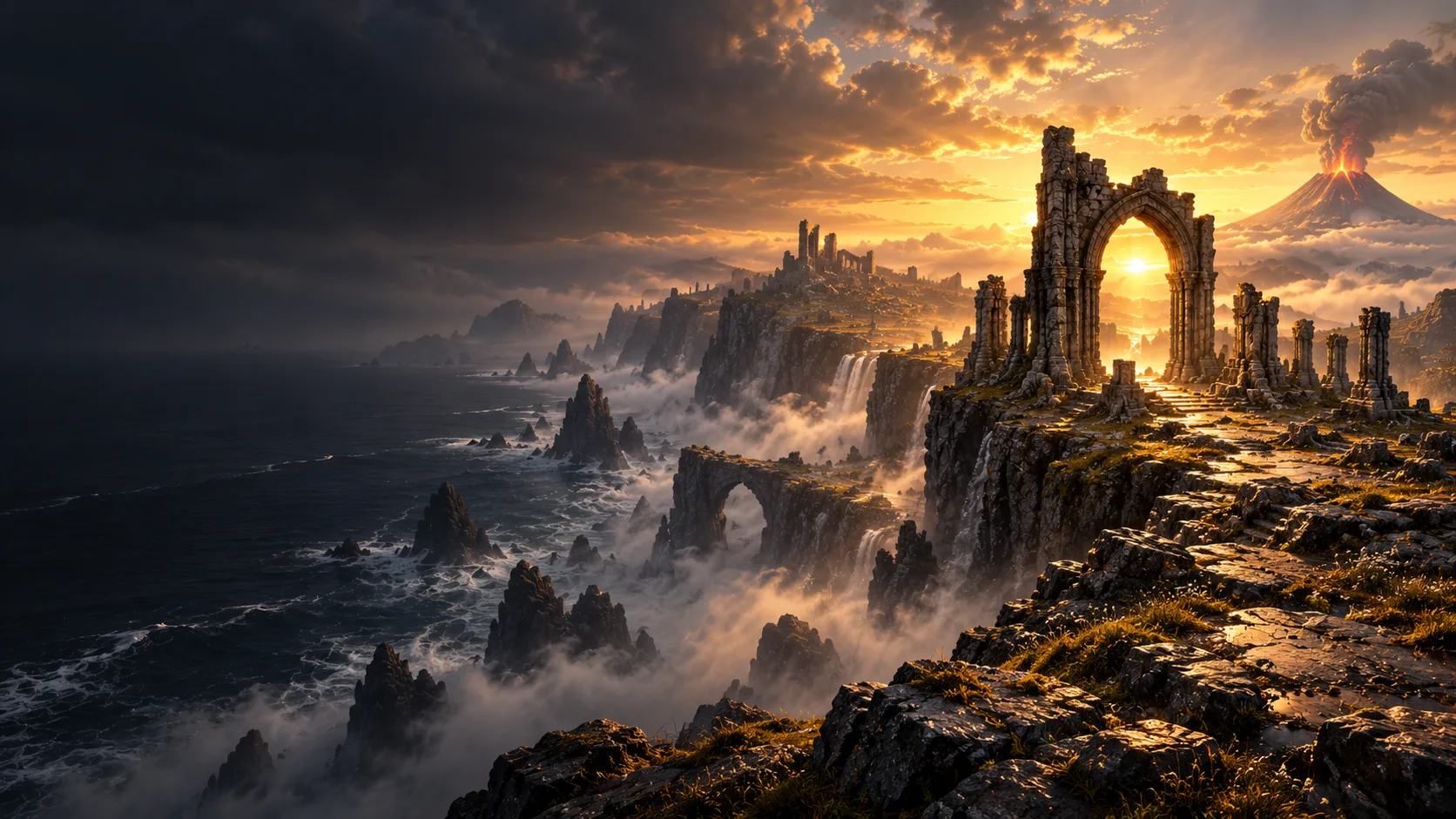 Concept illustration: A ruined gateway overlooks misty sea cliffs and a distant volcano at golden dawn.