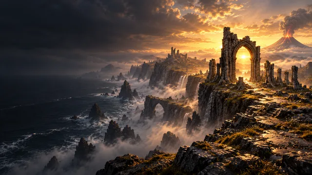 Concept illustration: A ruined gateway overlooks misty sea cliffs and a distant volcano at golden dawn.
