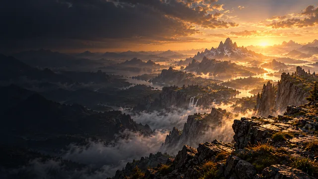 Concept illustration: Layered mountain ranges and far valleys unfold beneath warm light from a vast horizon.