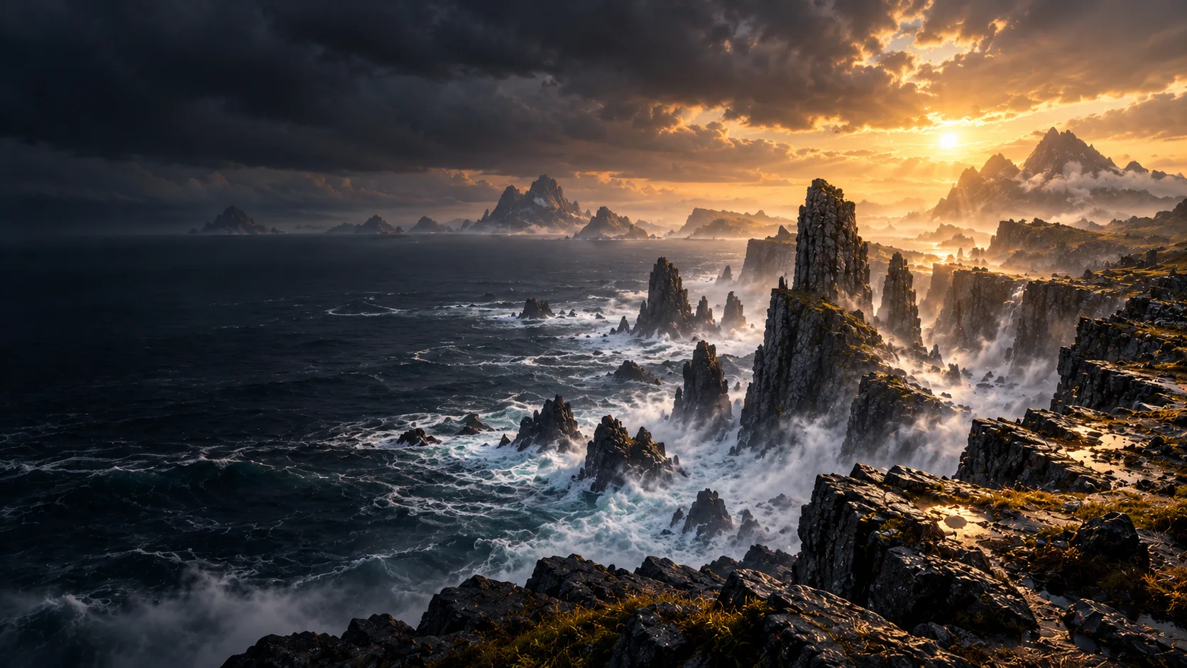 Concept illustration: Storm-washed cliffs and sea stacks face distant islands beneath a breaking golden sky.