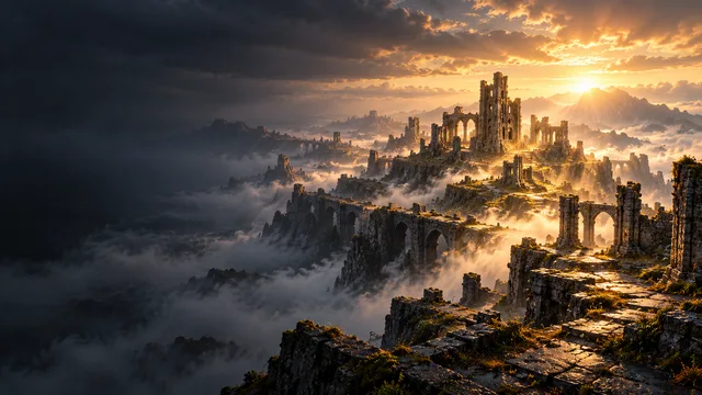 Concept illustration: An ancient hilltop city emerges from morning fog as golden light breaks through.