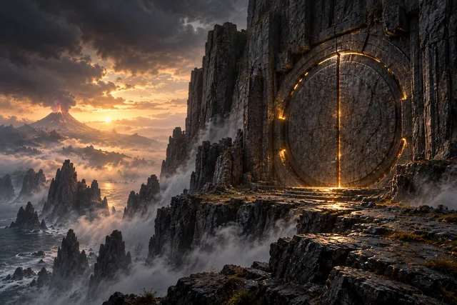 Concept illustration: A sealed circular stone vault door glows faintly within a towering coastal cliff.