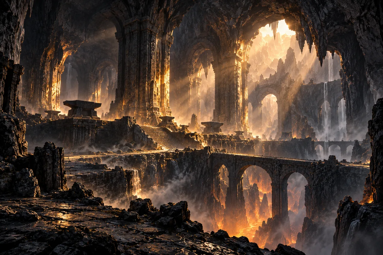 Concept illustration: Golden shafts pierce dust inside a vast ancient forge hall carved from rock.