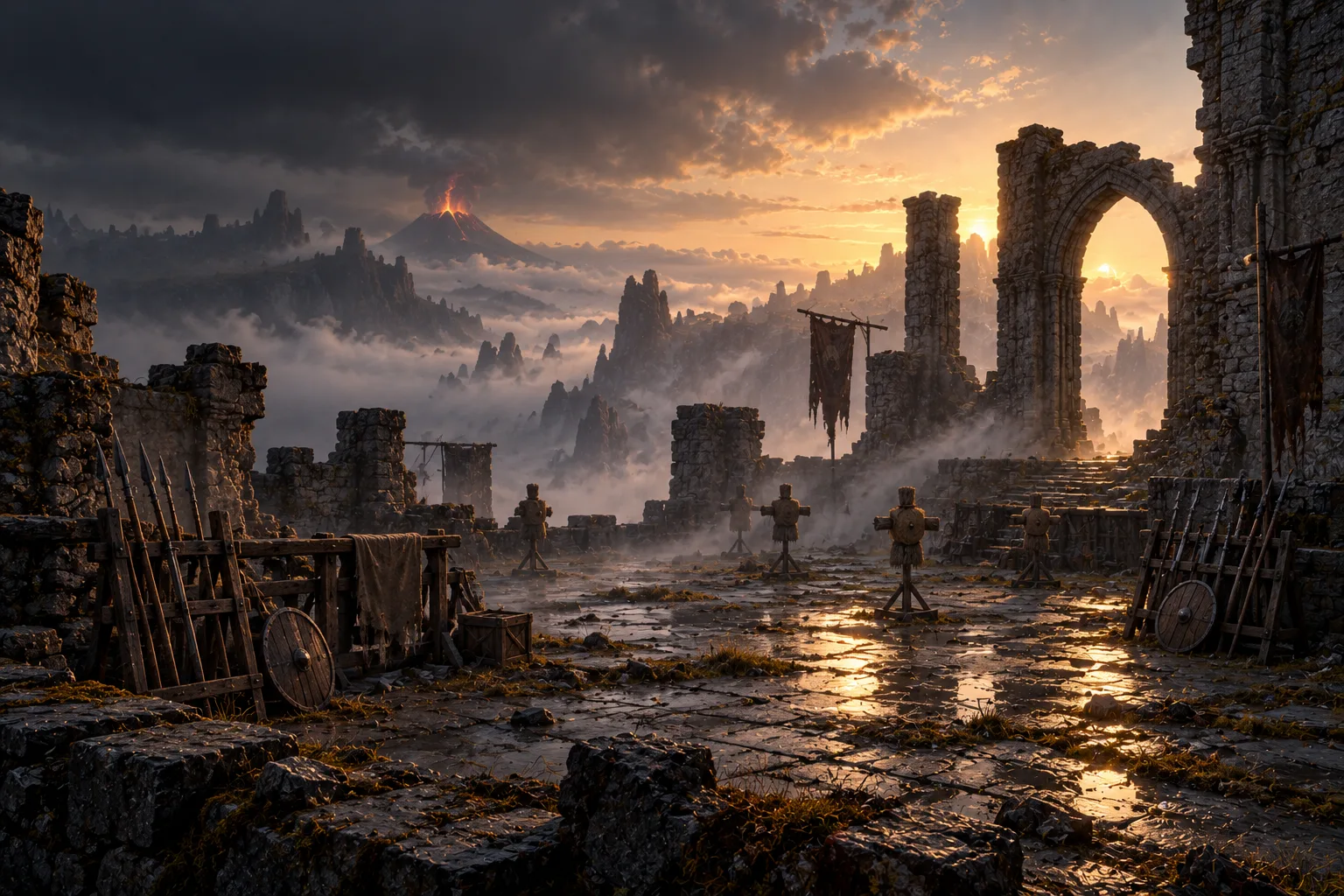 Concept illustration: Fog surrounds an abandoned ruined courtyard with weathered training dummies and plain weapon racks.