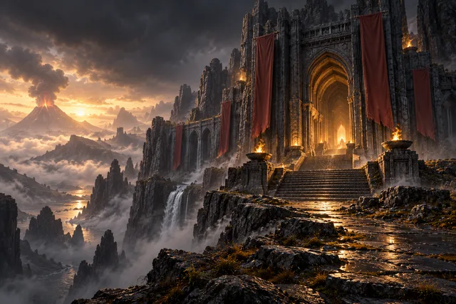 Concept illustration: Blank banners frame the illuminated entrance and broad steps of a monumental stone guild hall.