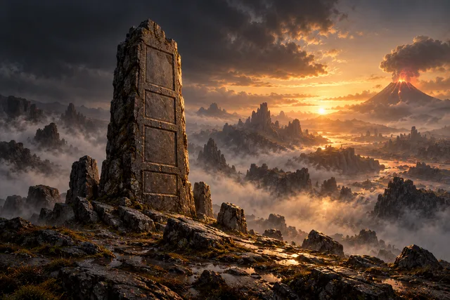 Concept illustration: A weathered blank-panelled stone monolith rises from mist against a volcanic sunrise.