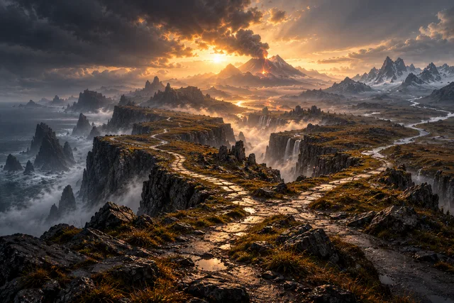 Concept illustration: Many rugged paths spread across a high plateau toward separate horizons beneath sunrise.