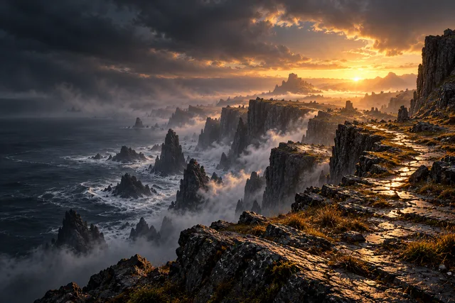 Concept illustration: First light spills across Ashenfall's jagged coastal cliffs beneath dark retreating storm clouds.
