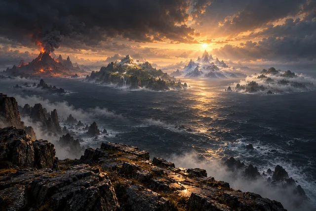 Concept illustration: Four distinct distant islands share one horizon beyond a dark sea and rugged cliff.