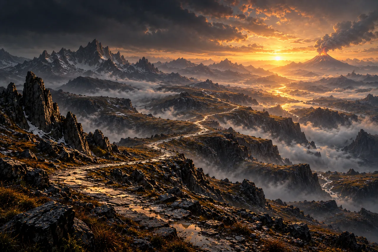 Concept illustration: A winding empty road crosses immense rocky highlands toward distant mountains and sunrise.