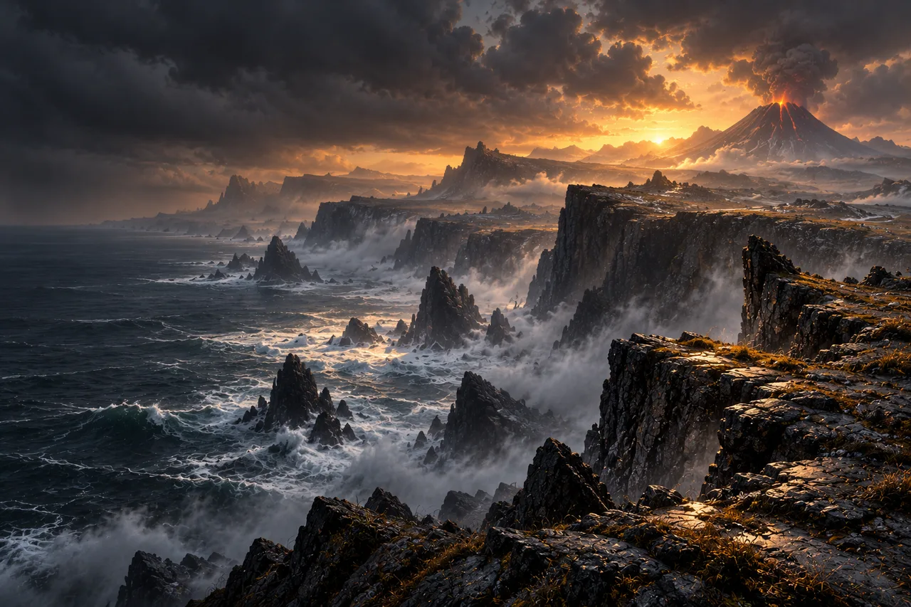 Concept illustration: Ash-grey northern sea cliffs stretch beneath drifting clouds and a distant smouldering volcano.