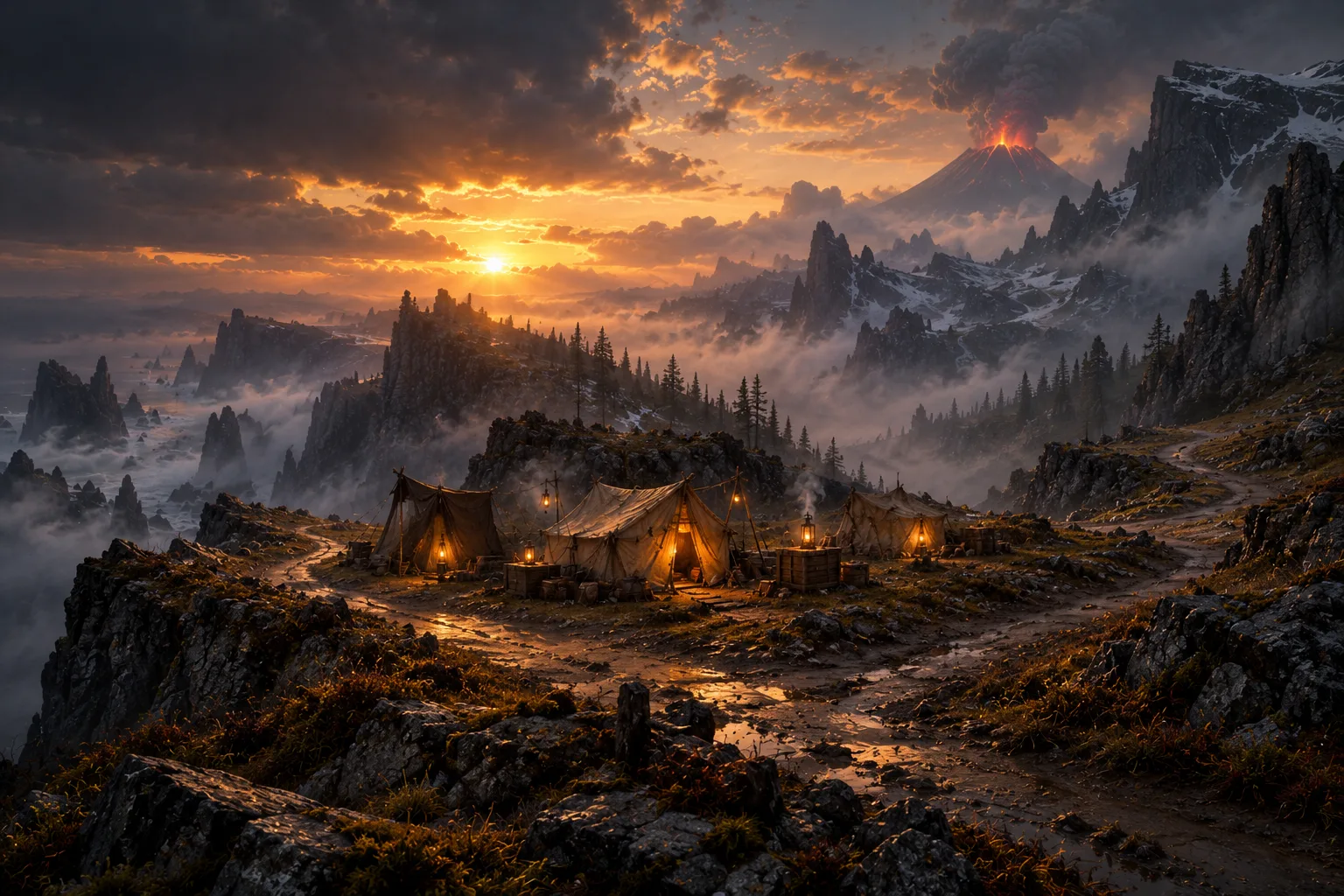 Concept illustration: Warm lanterns illuminate an empty expedition camp where misty paths meet at dusk.